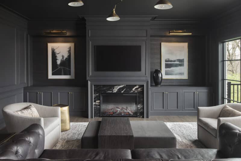 Renovated Living room with firepit in St. Louis custom home