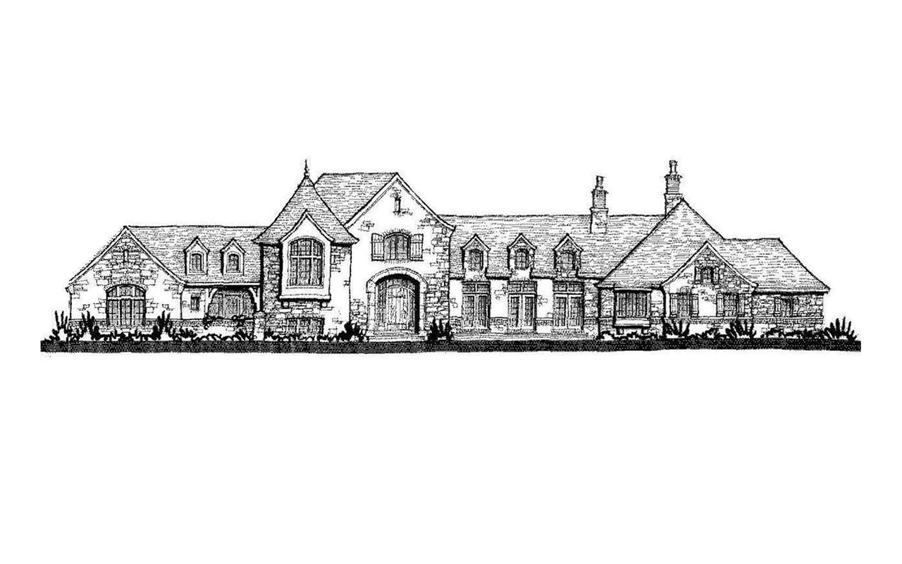 French country-style custom home's pencil sketch