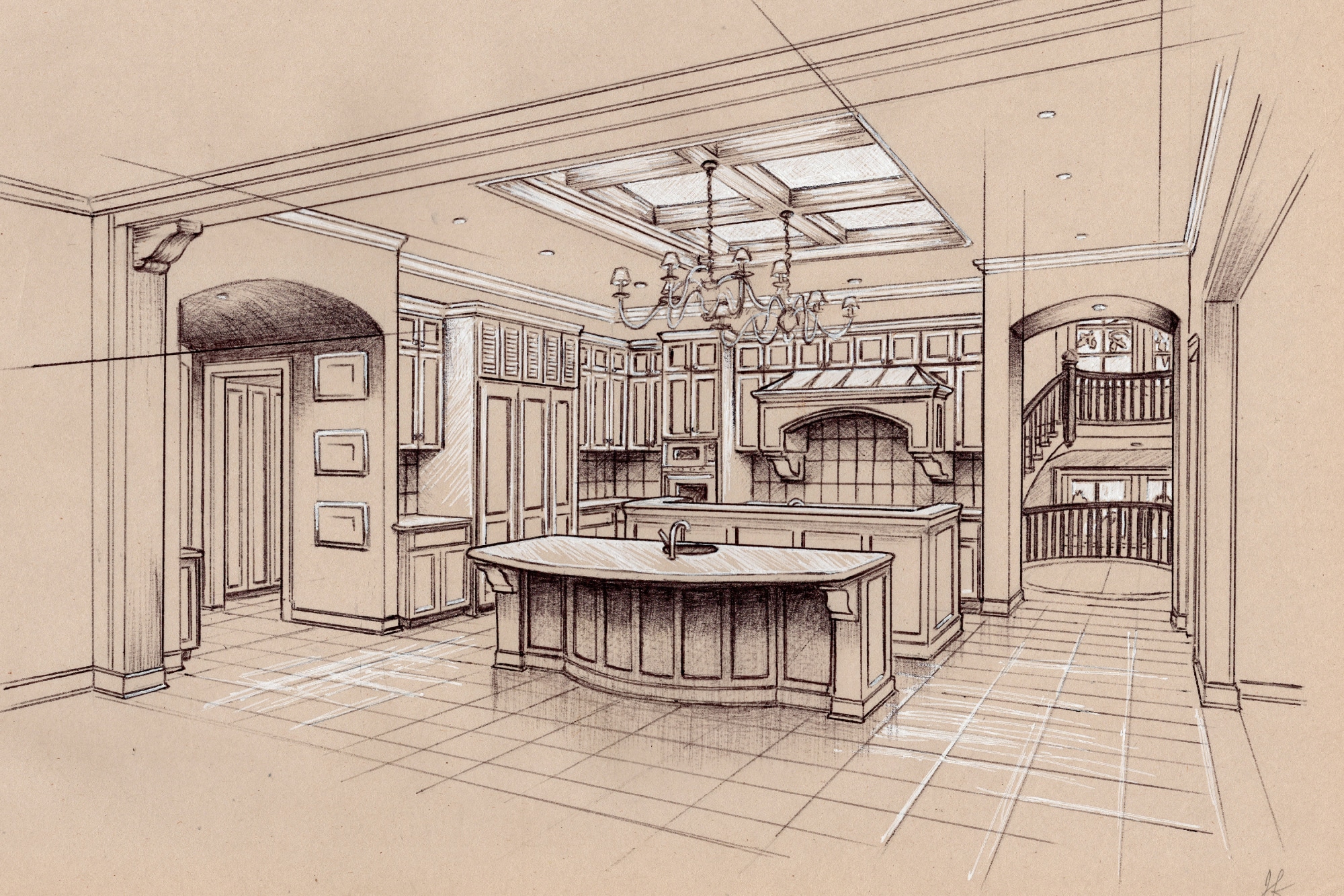 French country-style custom home's kitchen sketch