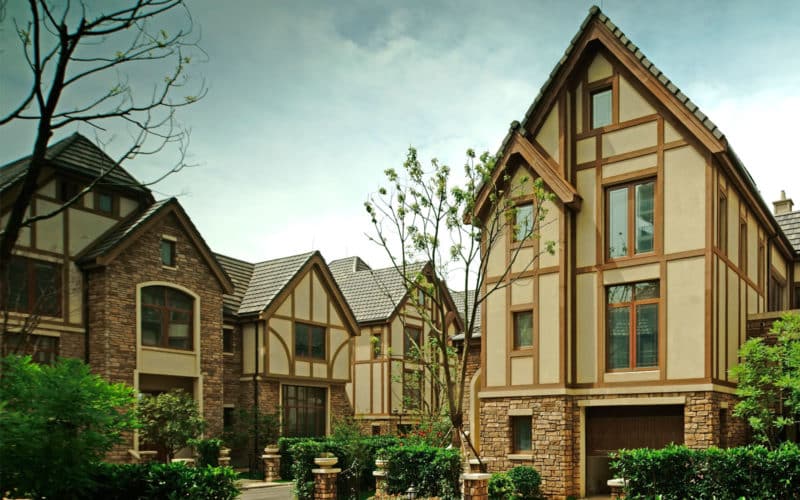 Front Street view of Tudor Custom townhome