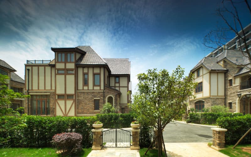 Street view of Custom townhome from Home garden